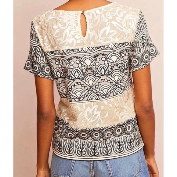 Anthropologie Meadow Rue Womens Embroidered Sleeve Blouse Gold 10 - Picture 2 of 11